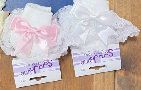 Ankle Frilly socks White or Pink Bow