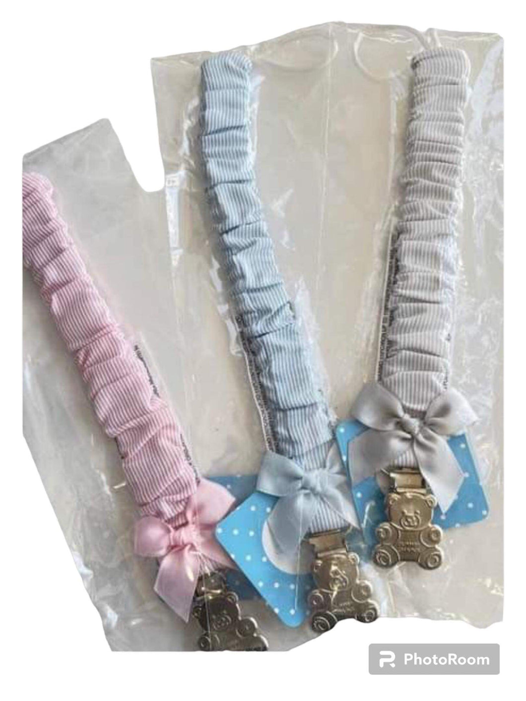 Sardon dummy clips. Blue , Pink or Grey stripe. 728