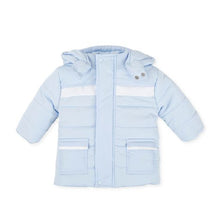 Load image into Gallery viewer, Tutto Piccolo Blue coat with white trim and detachable hood 6514
