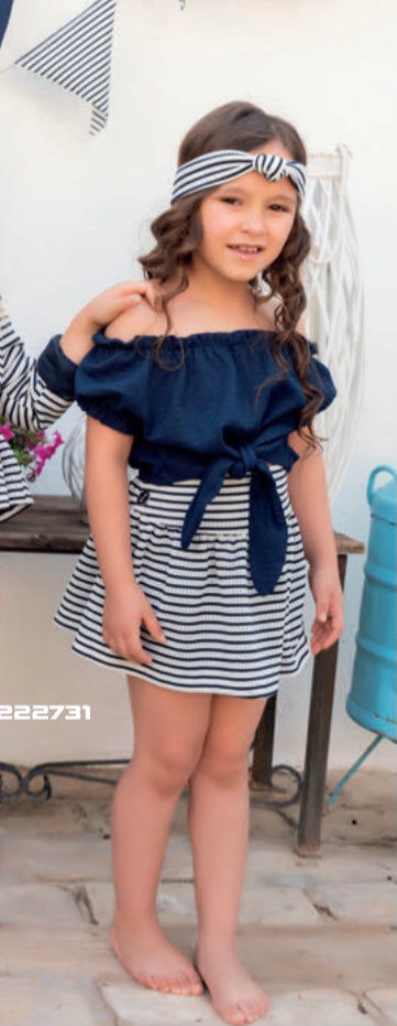 Babiné Navy blue and white sailor style skirt suit with headband 029
