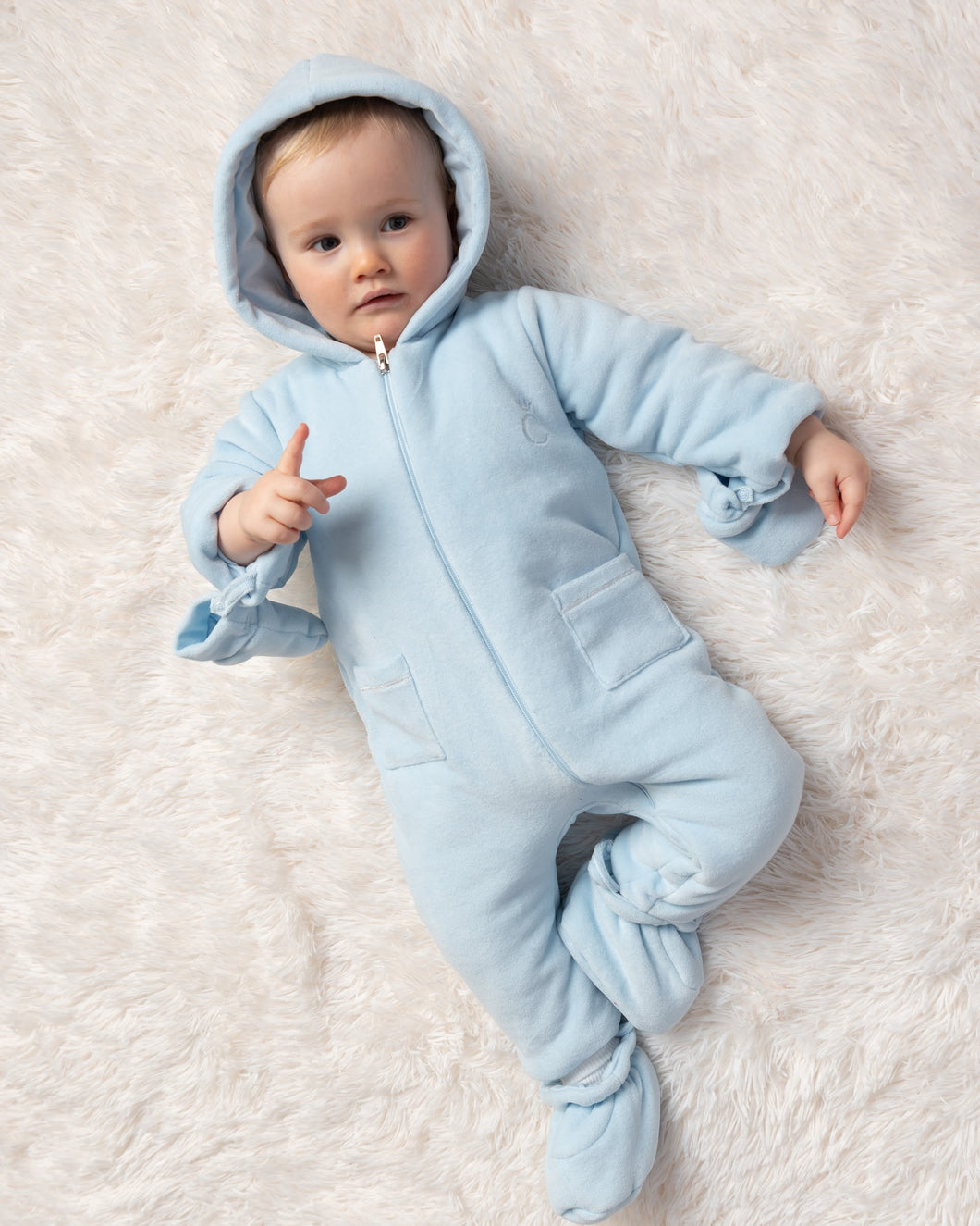 caramelo Velour Snowsuit in Sky Blue with bootees and mittens 3108